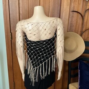 Chic Beige Women's fishnets and beaded triangular shawl with Fringe